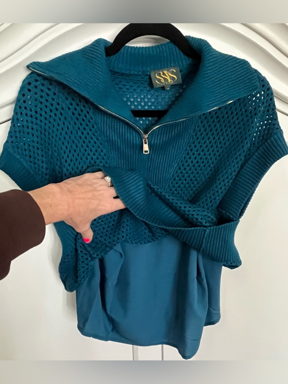SSYS The Suzy Crochet Shawl Collar Top In Dark Teal NWOT Medium - Picture 6 of 11